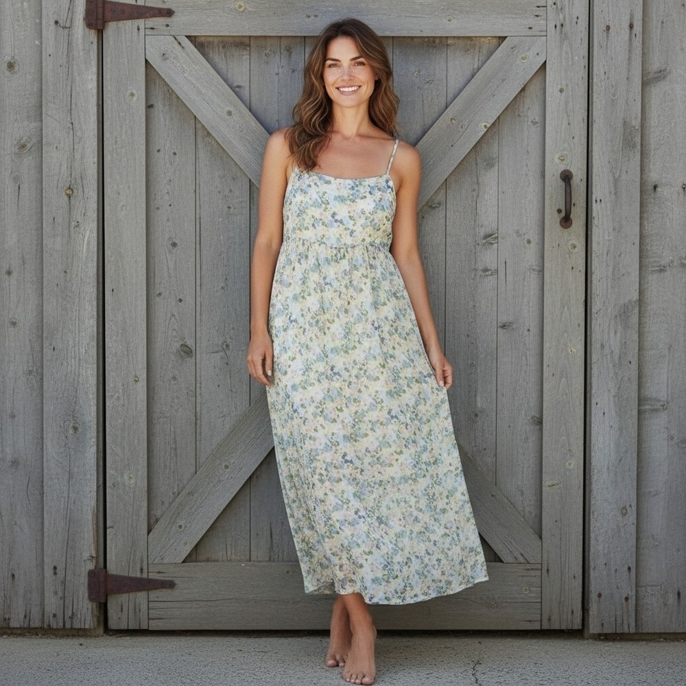 Abercrombie & Fitch Blue And Green Floral Milkmaid Style Maxi Dress